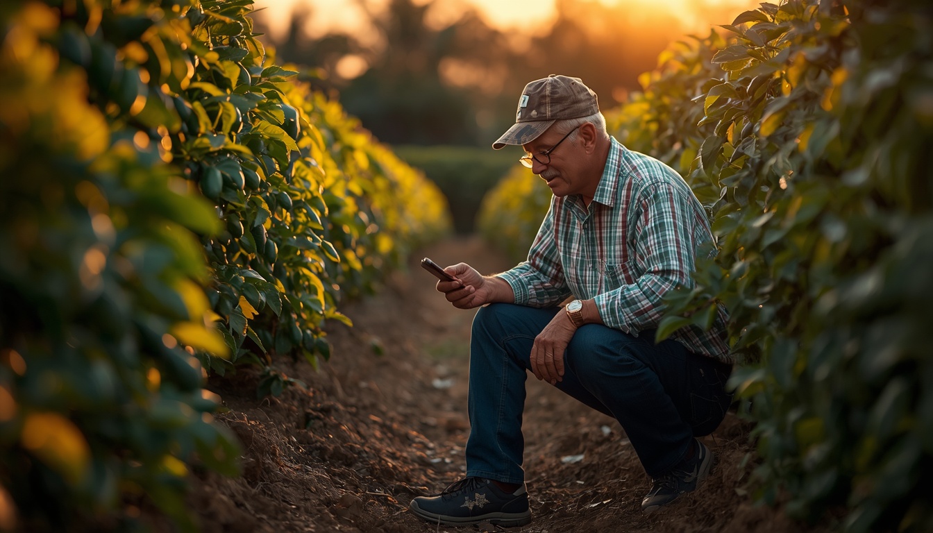 Agricultor mirando el móvil junto a su cultivo, al atardecer