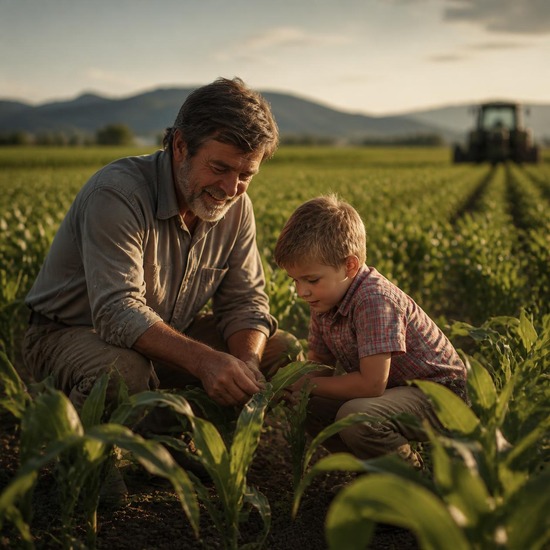 Agricultor relajado con su familia mientras al fondo se ve el cultivo sano